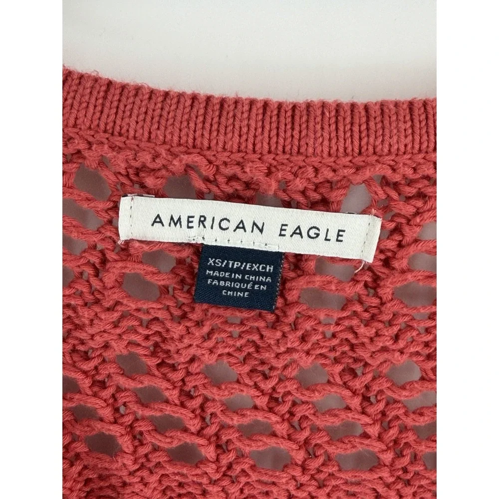 American Eagle Sweater Women XS Red Cropped Pointelle V-Neck Scalloped Hem